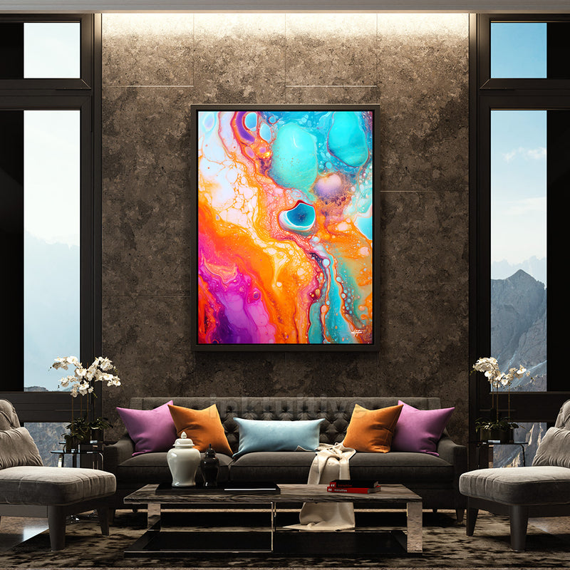 Colorful marble fusion abstract wall decor in a living room