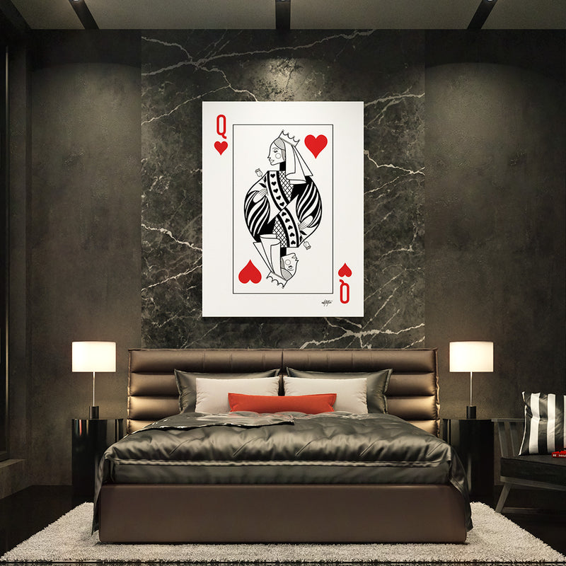 Modern Queen of Hearts wall art in a bedroom