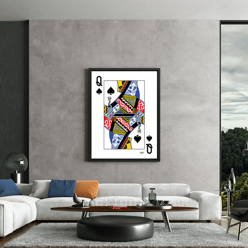 Queen of Spades skull playing card canvas art in a living room