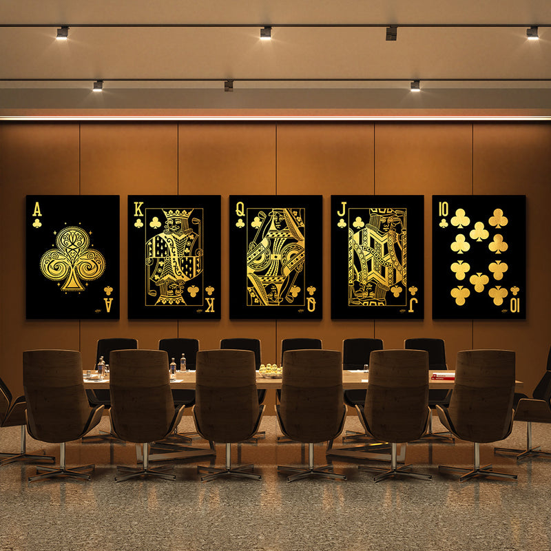 Royal Flush Clubs Gold Canvas Art Set Office