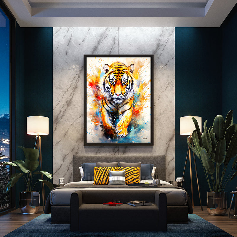 Watercolor colorful tiger canvas art in a bedroom