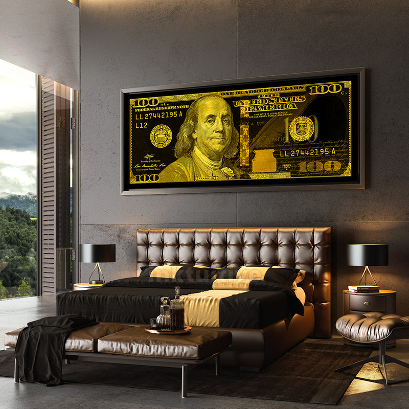 100 dollar bill art black and gold in luxury bedroom by Inktuitive