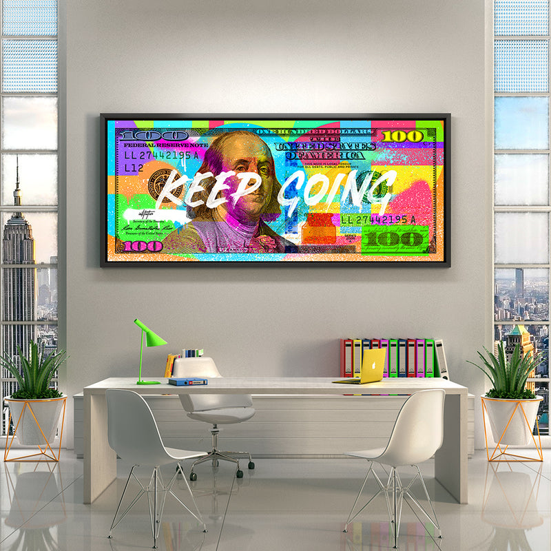 100 dollar bill colorful graffiti style motivational wall art by Inktuitive