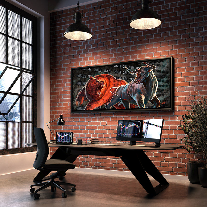 Bull Bear stock market day trader in wall street office with canvas wall art