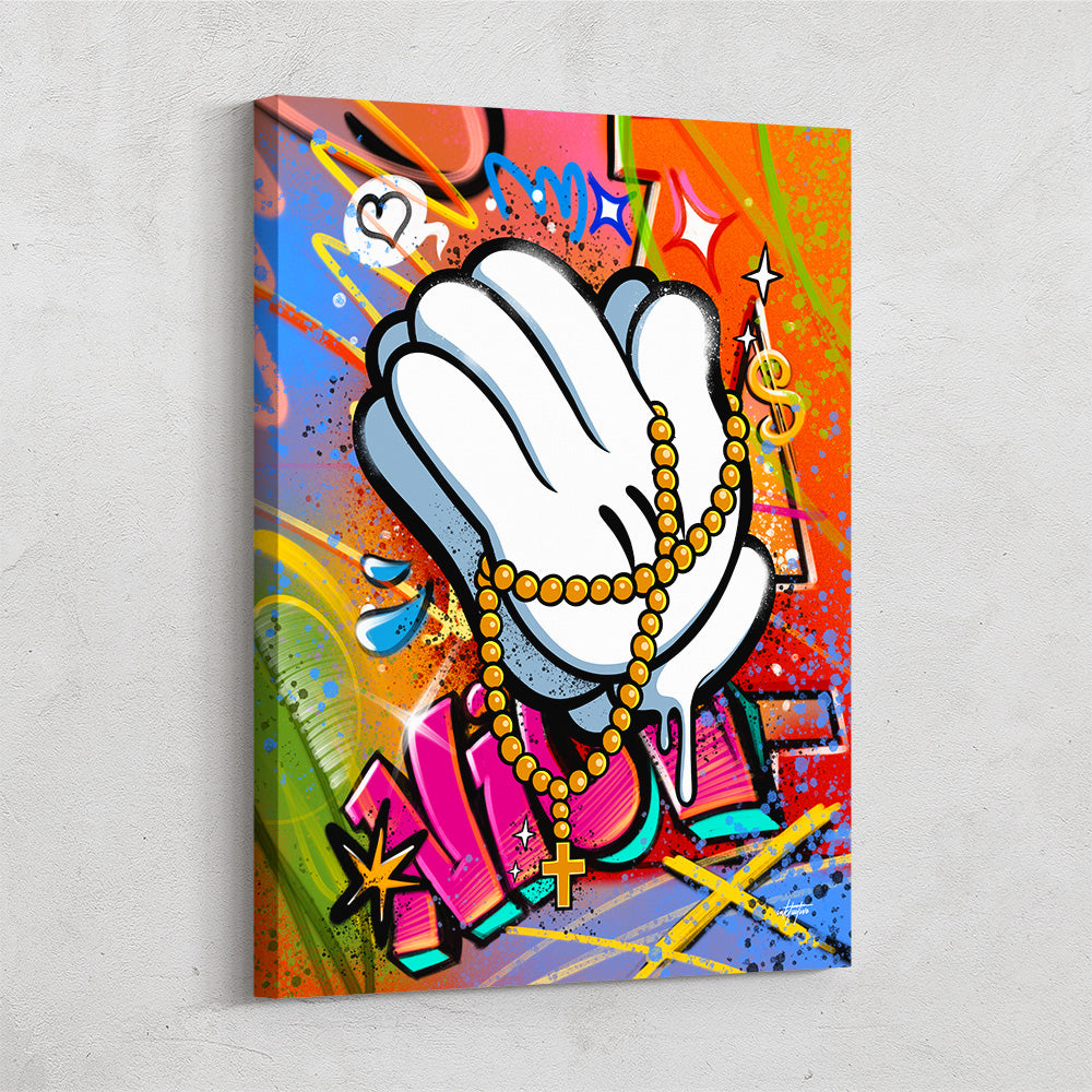 Colorful Praying Hands Canvas Art - Cartoon Style on Graffiti