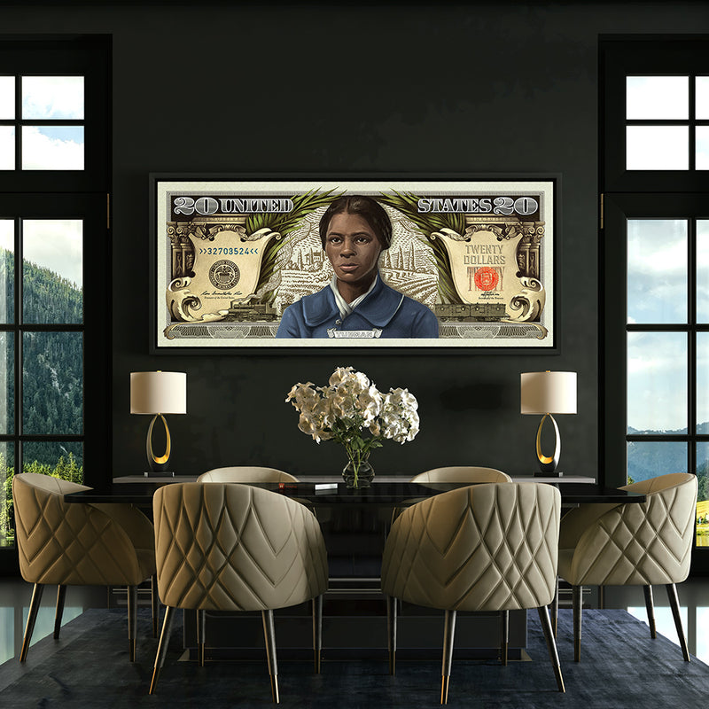 Harriet Tubman bill canvas art in dining room