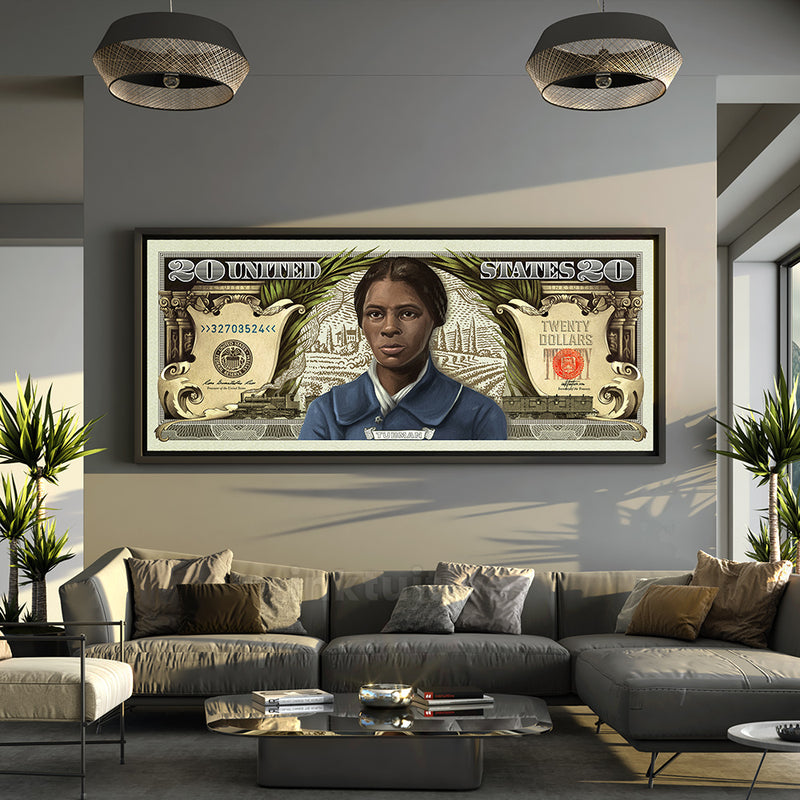 Harriet Tubman twenty dollar bill canvas art in living room