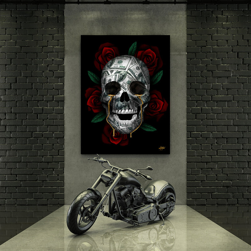 "Tears of Joy", money, skull, roses, modern wall art for garage