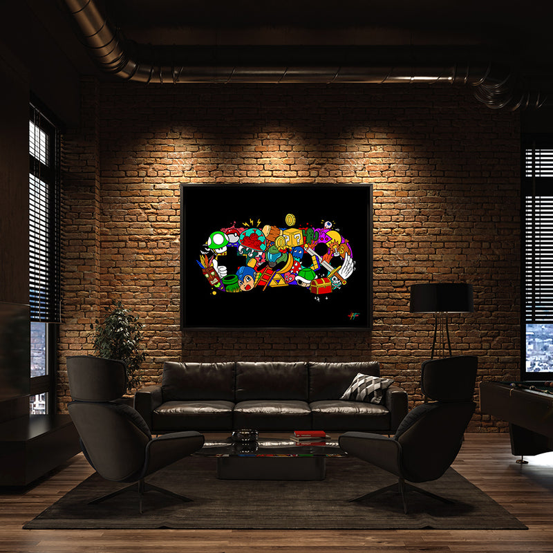 Video game wall art in warehouse loft apartment