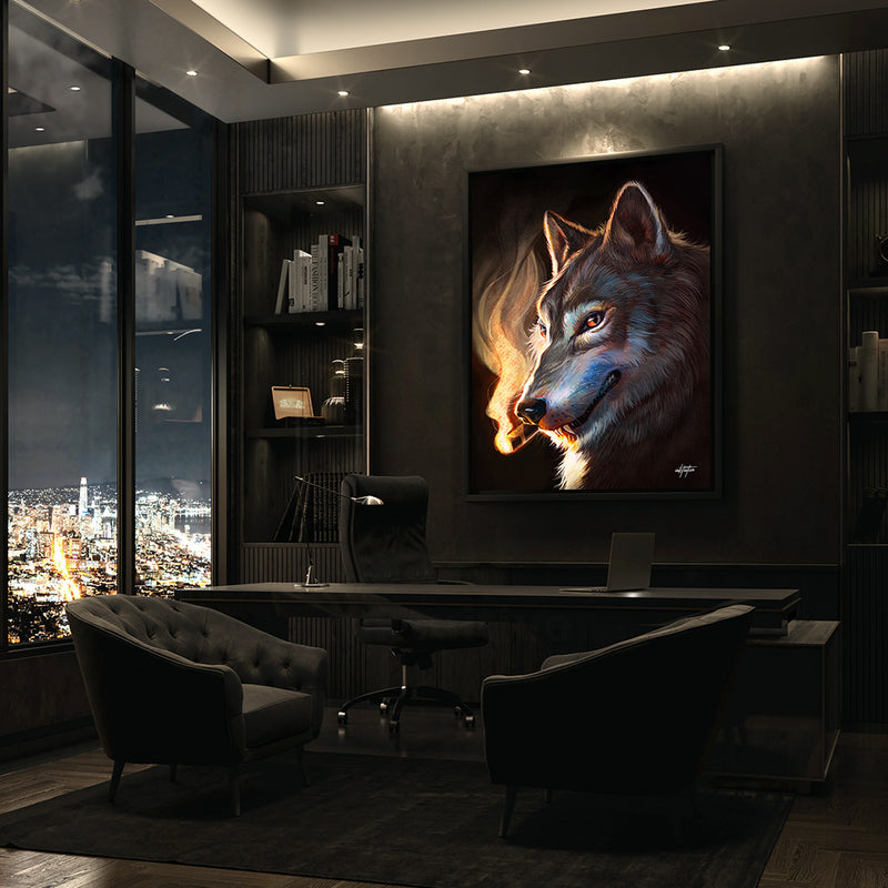 Wolf smoke cigar canvas art for condo.