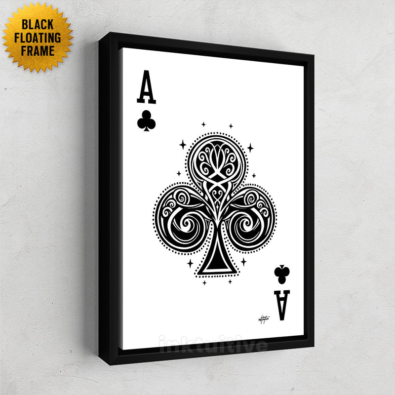 Ace of Clubs black white canvas art framed
