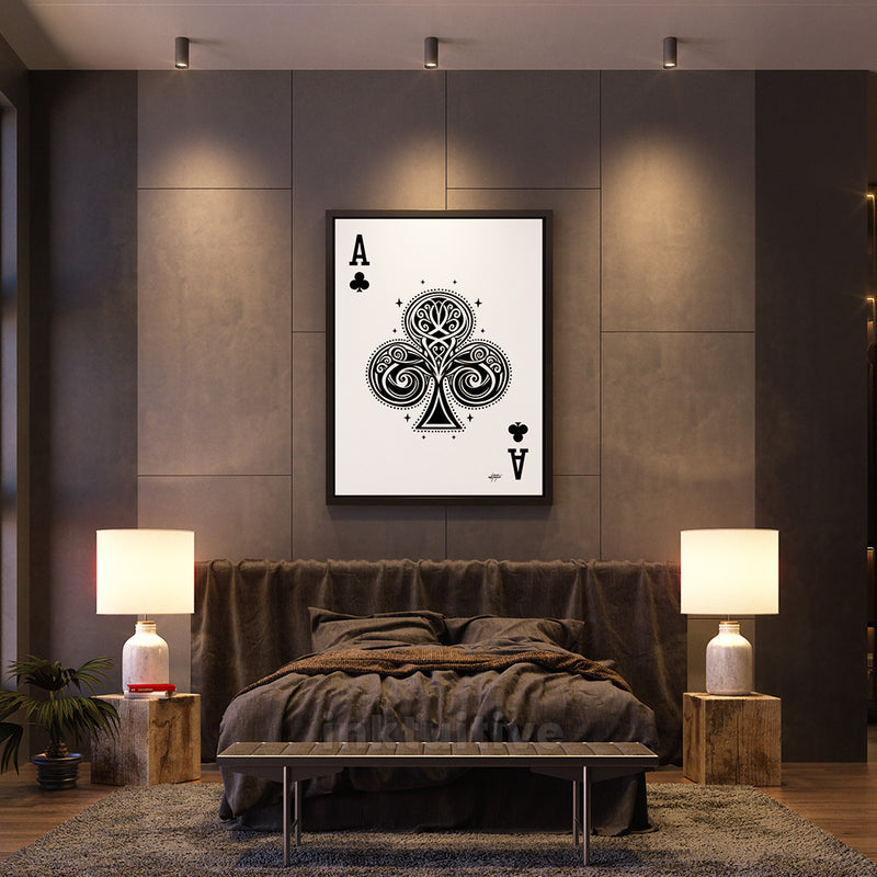 Ace of Clubs poker canvas art in a bedroom