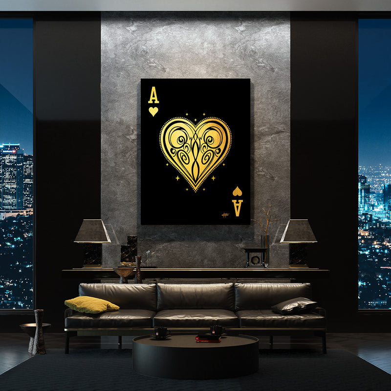 Ace of Hearts gold poker card canvas art in the living room