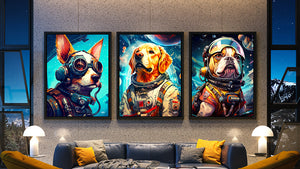 Astronut Dogs 3 Piece Canvas Art Set in a living room