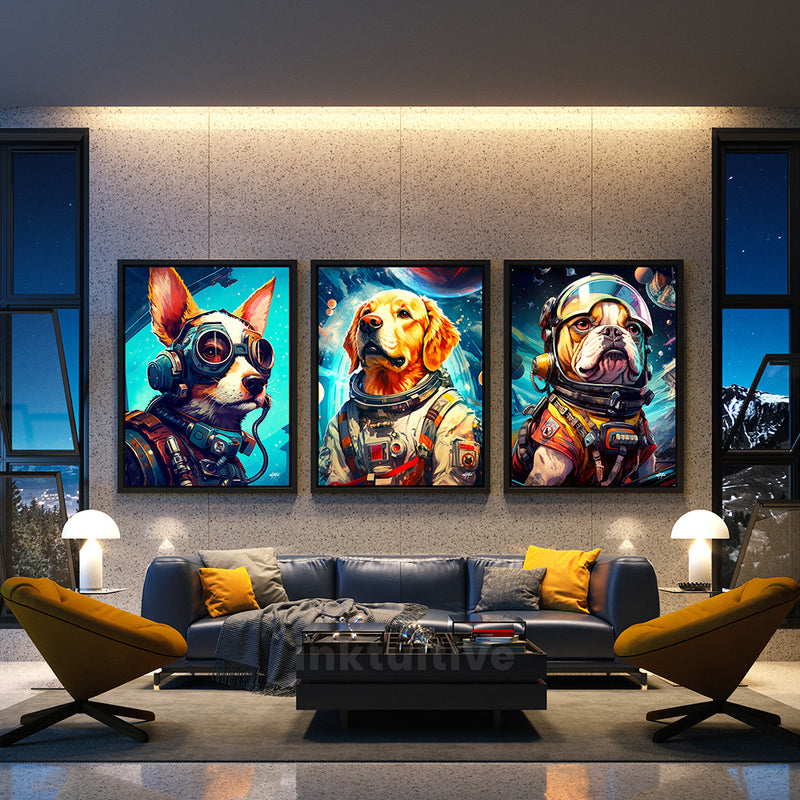 Astronut Dogs 3 Piece Canvas Art Set in a living room