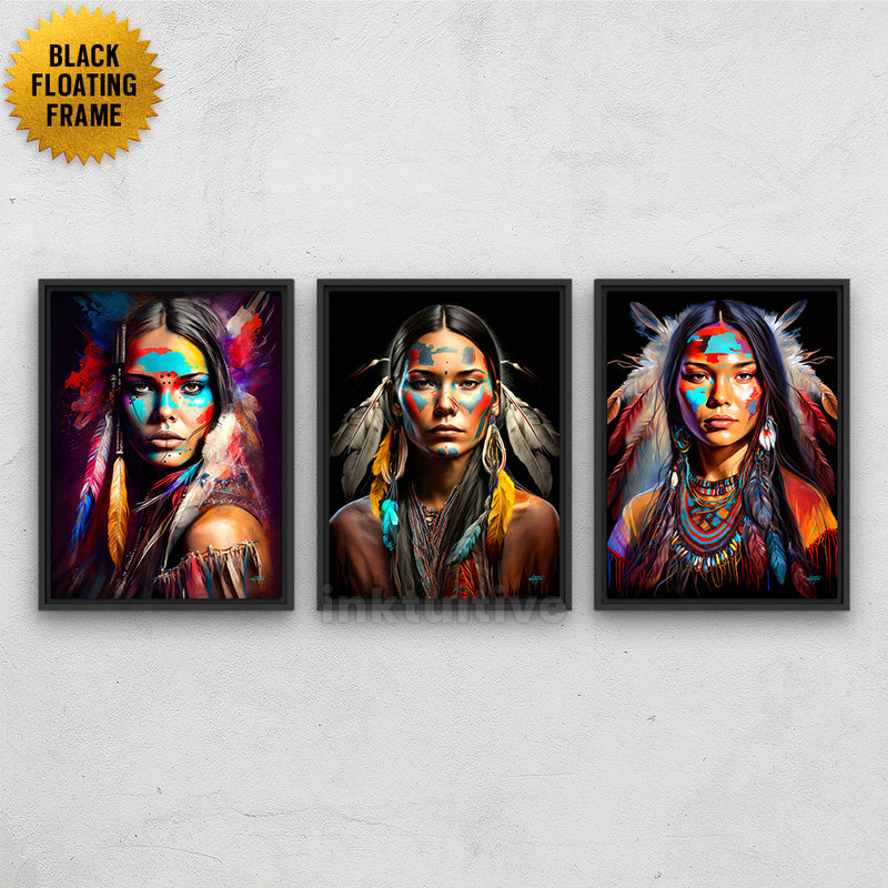 Colorful modern Native American portrait framed wall art set