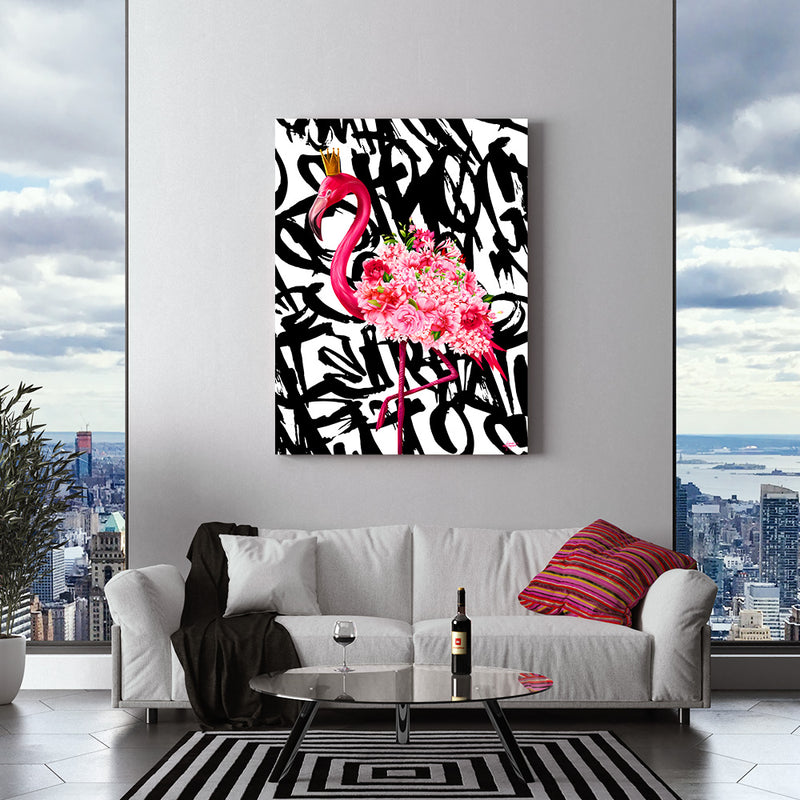 Flamingo graffiti floral canvas art in a condo living room