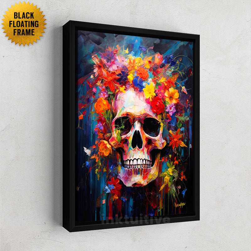 Floral Skull Framed Canvas Dark Background Bright Flowers