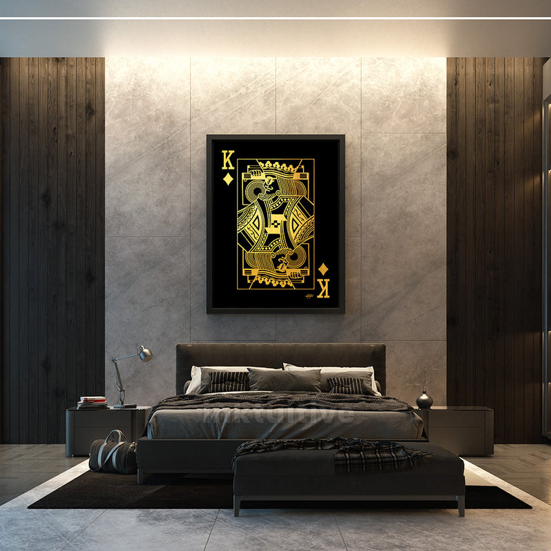 Gold King of Diamonds wall art in a bedroom