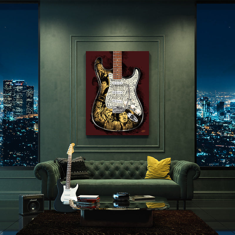 Guitar Heroes Fender Stratocaster canvas art in a living room