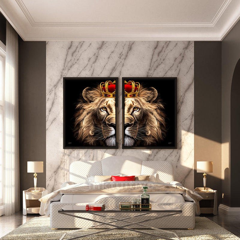 King Lion with crown wall art set in a bedroom