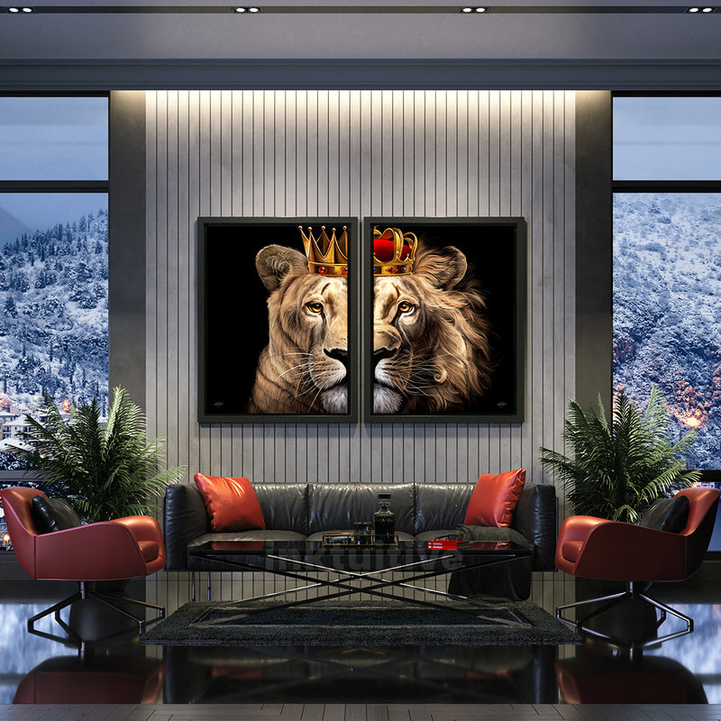 Lioness and Lion with crowns wall art set in a living room
