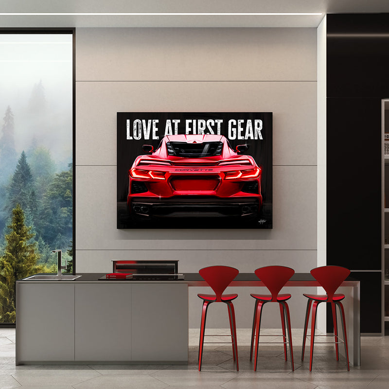Love at First Gear red Corvette canvas art