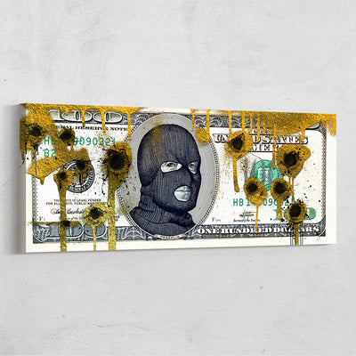 Masked Benjamin Canvas Art Hundred Dollar Bill Gold Paint Bullet Holes Modern Wall Decor