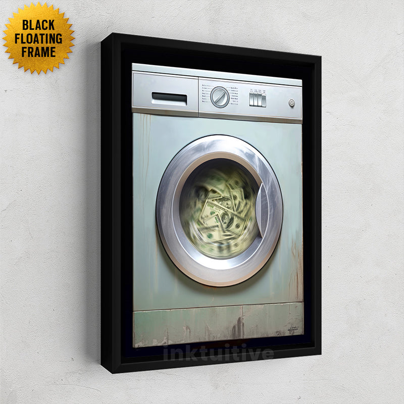 Money Cycle Framed Canvas Art Washing Machine Money Art