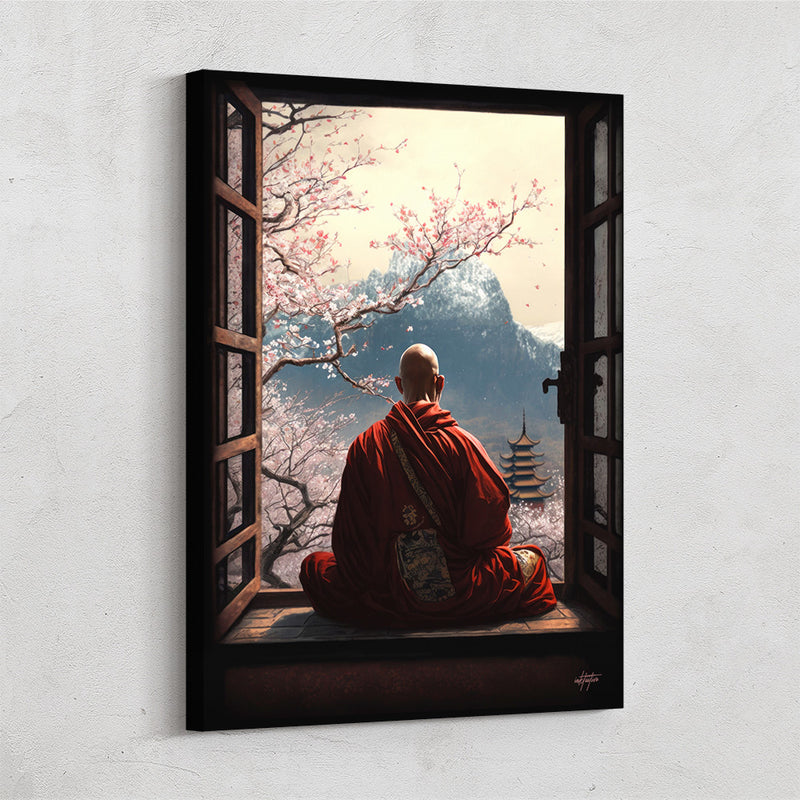 Red Monk canvas art meditating through a window