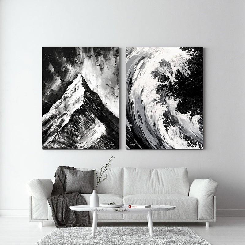 Monochrome mountain and wave wall decor