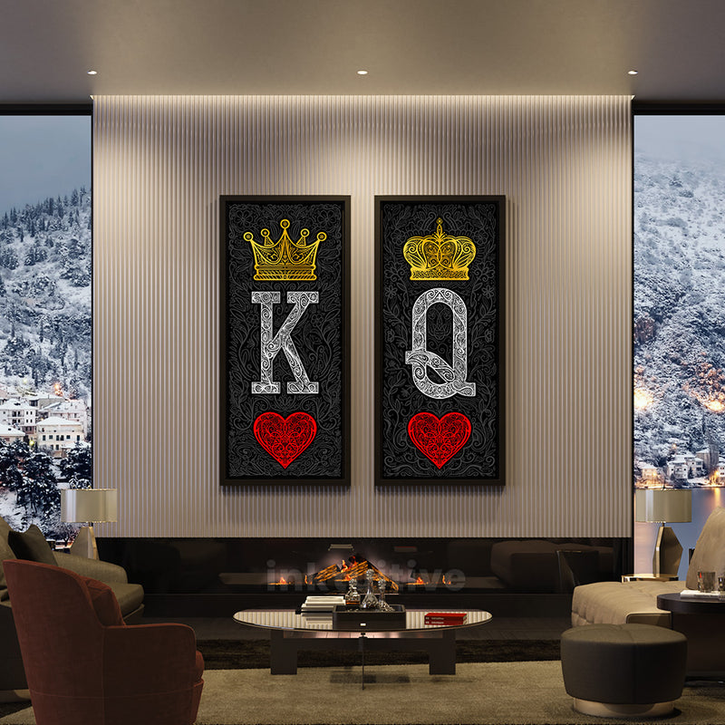 Ornate King and Queen wall art canvas set in a living room