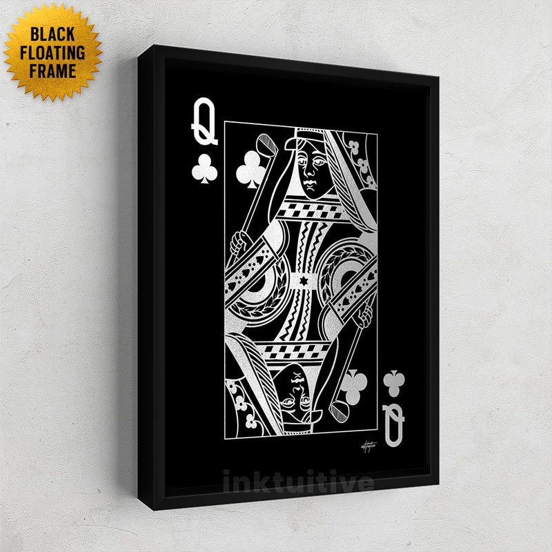 Queen of Clubs platinum playing card wall decor framed