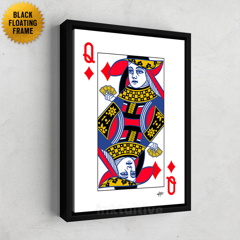 Queen of Diamonds playing card canvas art framed