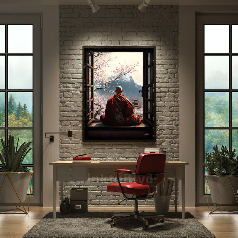 Red Monk meditating canvas art in an office