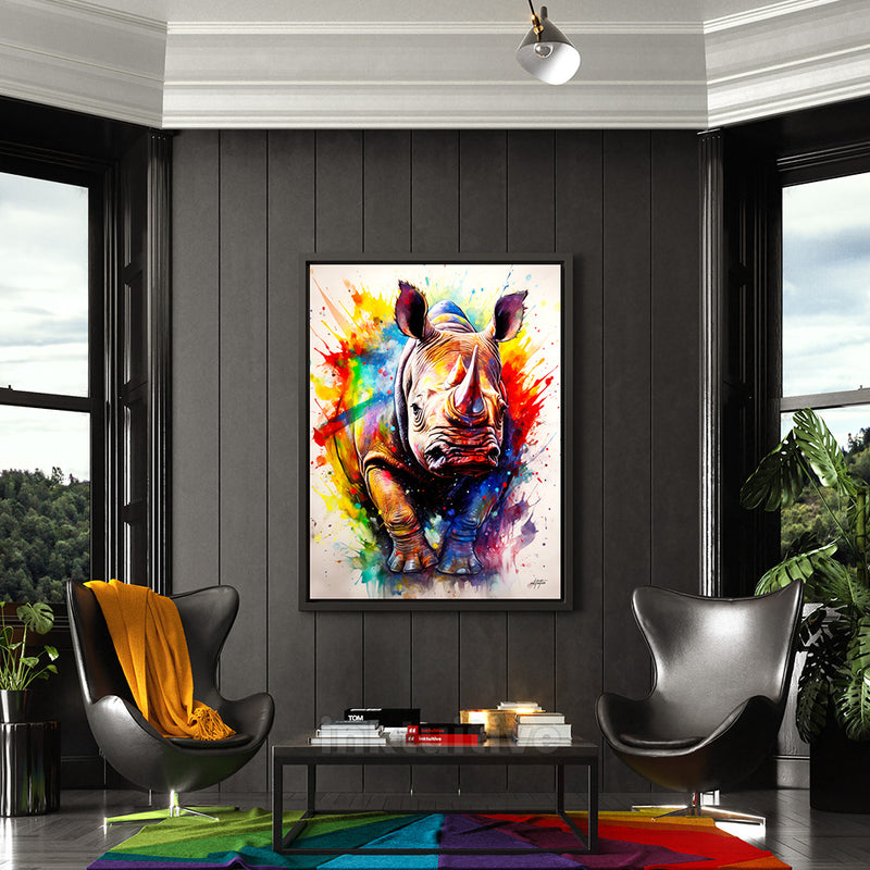 Rhino colorful watercolor canvas art