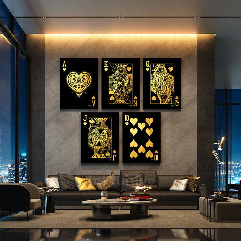 Royal Flush Hearts Gold Canvas Art Set Living Room