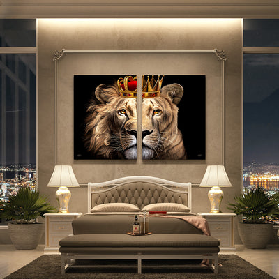 Royal lion and lioness couples wall art set in a bedroom