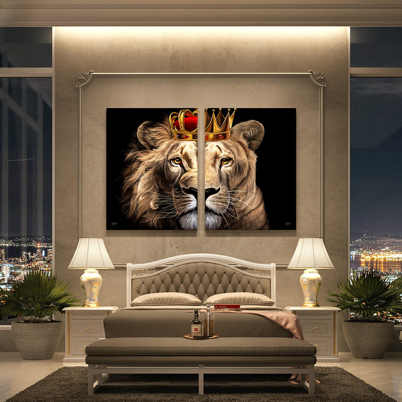 Royal lion and lioness couples wall art set in a bedroom