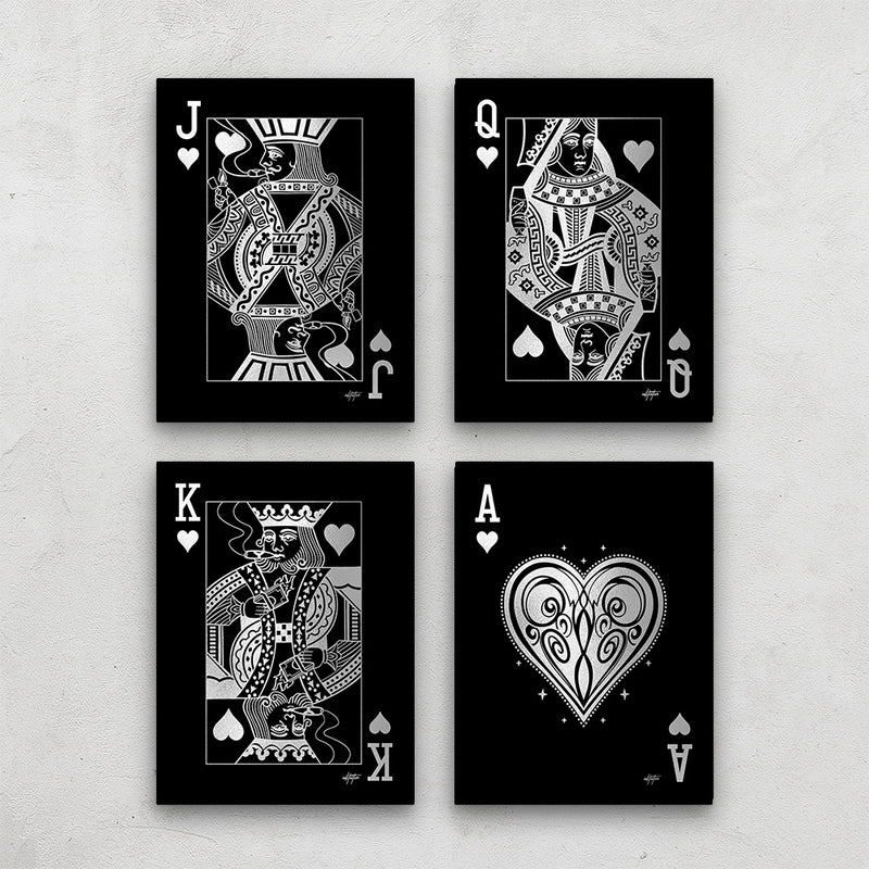 Silver deck of hearts playing cards canvas art set