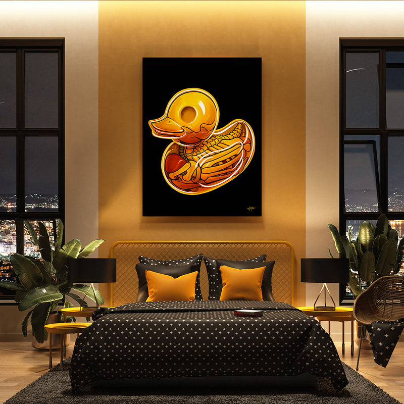 Skeleton rubber ducky canvas art in a bedroom