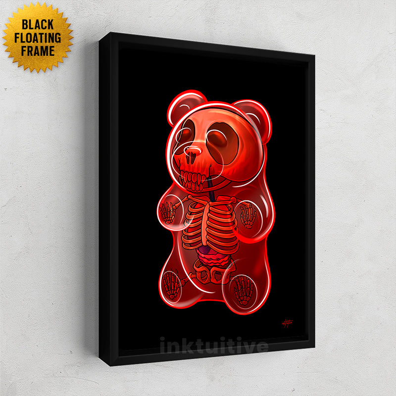 skeleton red gummy bear canvas art with black floating frame