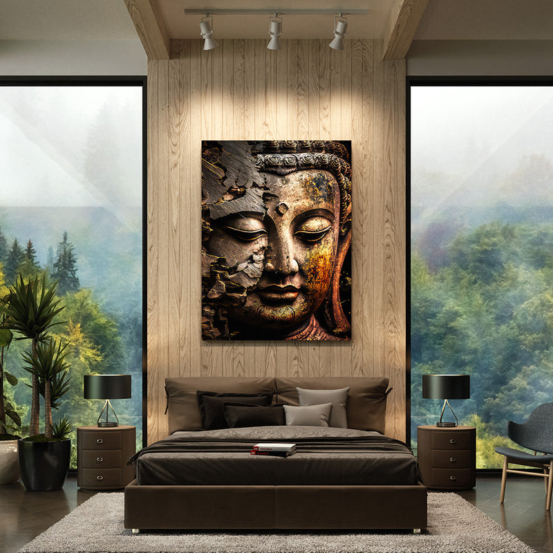 Stone Buddha face wall decor in bedroom