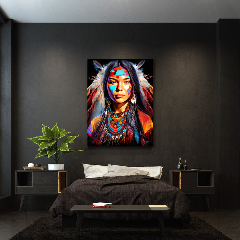 Tribal American Woman vibrant canvas art in a bedroom
