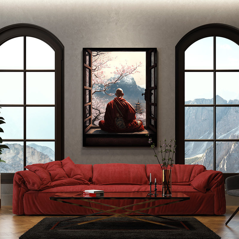 Window with a meditating monk canvas art in a living room