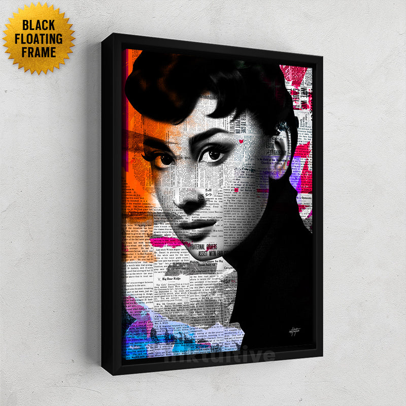 Audrey Hepburn silhouette framed wall decor portrait on a newspaper collage