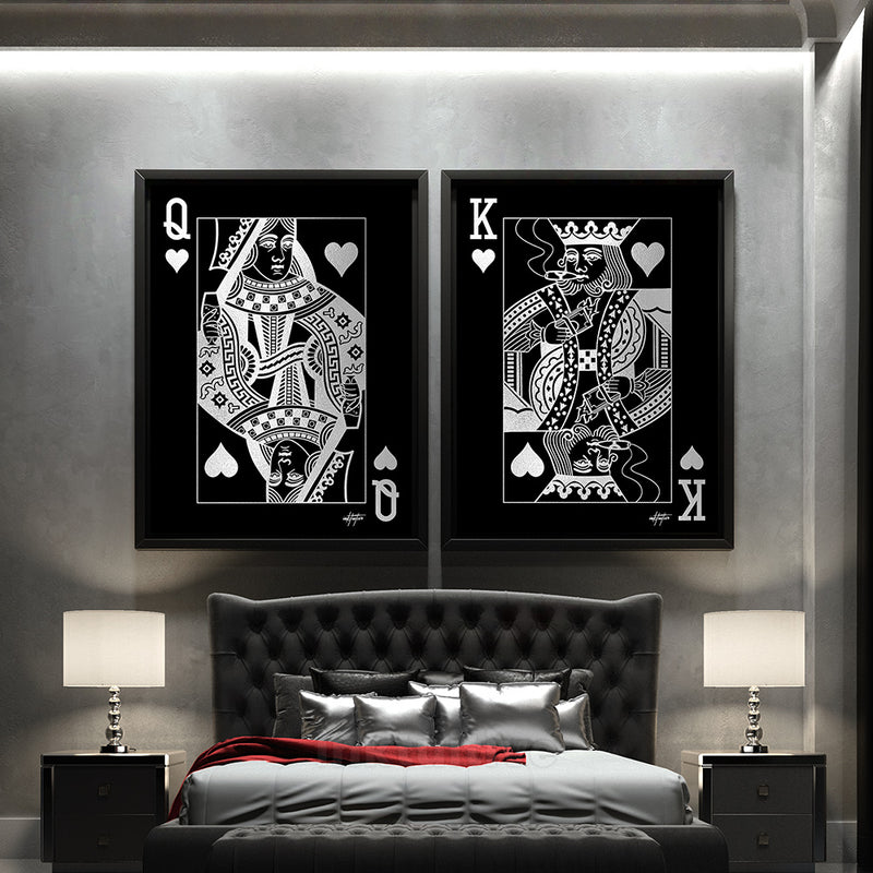 bedroom wall art of king and queen of hearts in silver
