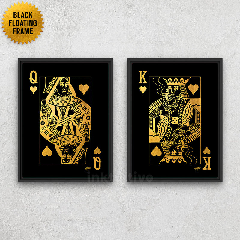 black floating frame wall art for couples of king and queen poker cards