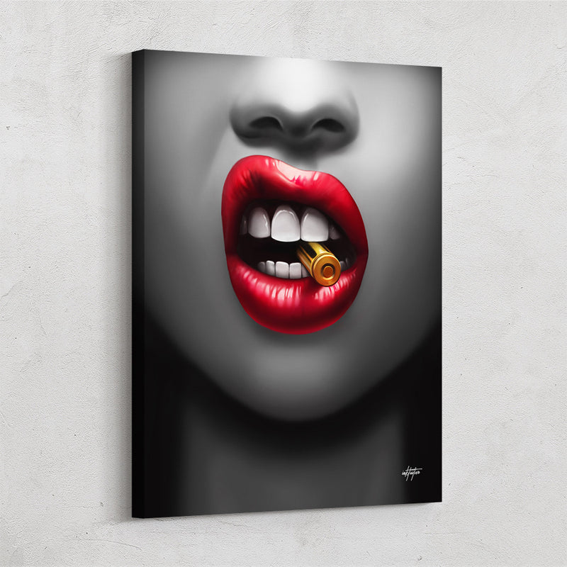 Bullet kiss, lips portrait modern wall decor.
