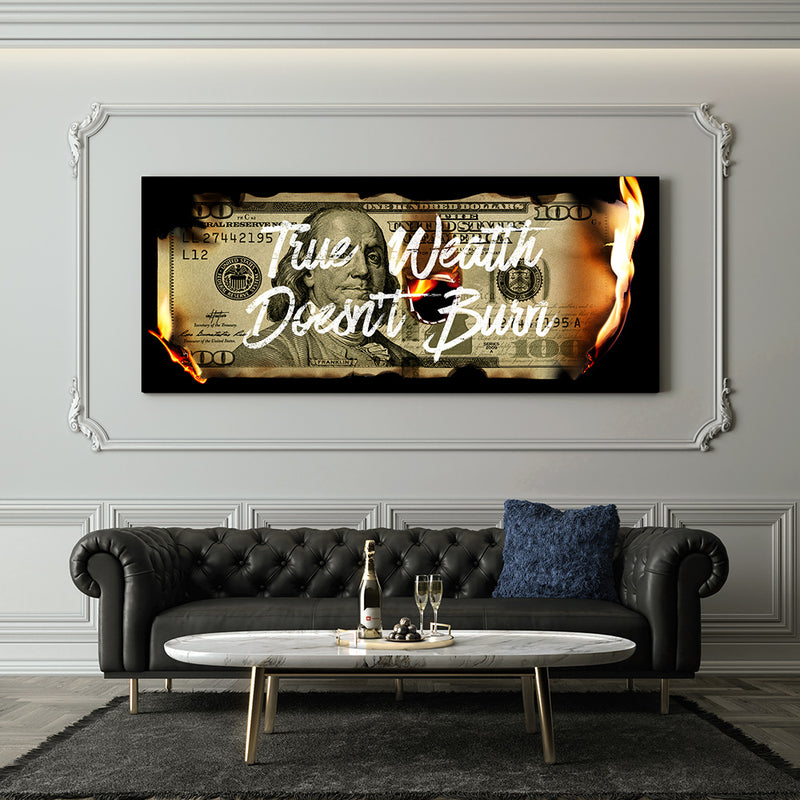 Burning money wall art in luxury living room.